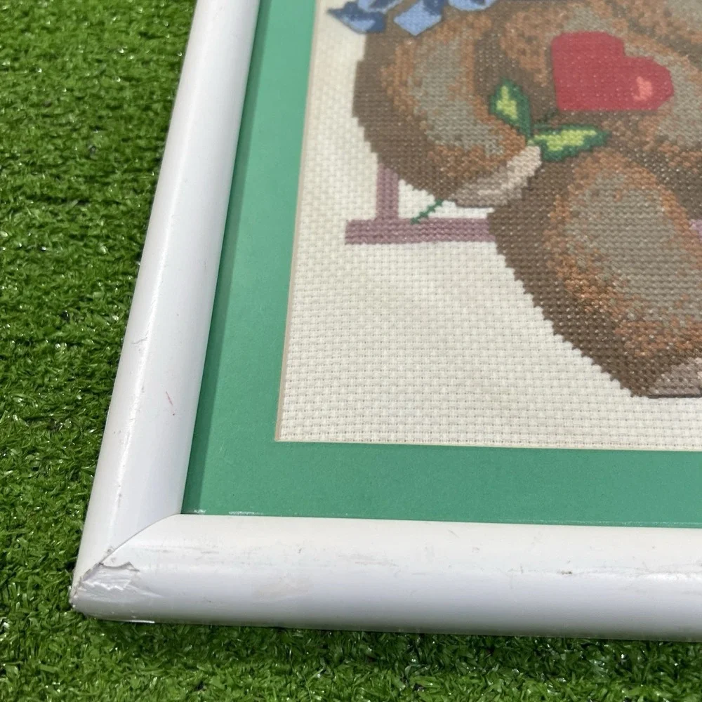 Vintage‎ 1970s Framed Cross Stitch Baby Nursery Heart Teddy Bear Handmade 14x15